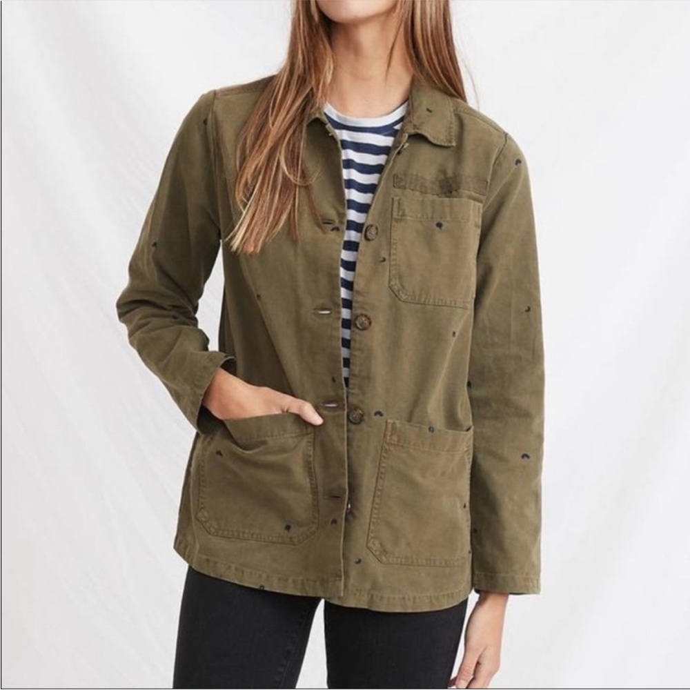 Marine Layer Chore Coat Organic Cotton Olive Embroidered Trucker Jacket - Picture 4 of 12